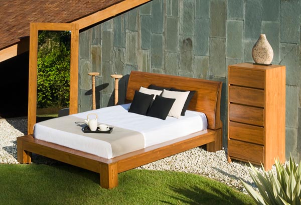 Rustic Teak Bed And Headboard With Tall Dresser And Floor Mirror