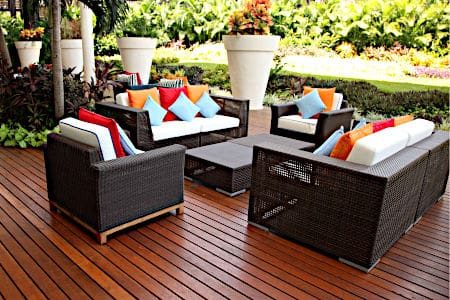 Popular brand outdoor furniture with newly replaced cushions on a luxurious patio