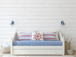 White Daybed with Cushions and Sky Blue Cover